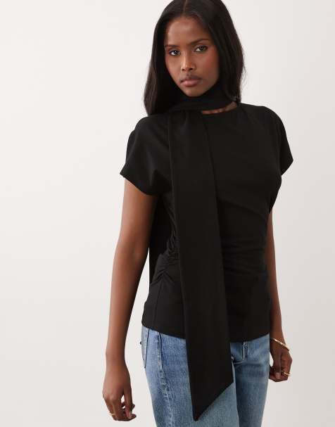 ASOS DESIGN short sleeve top with scarf in black - view 1