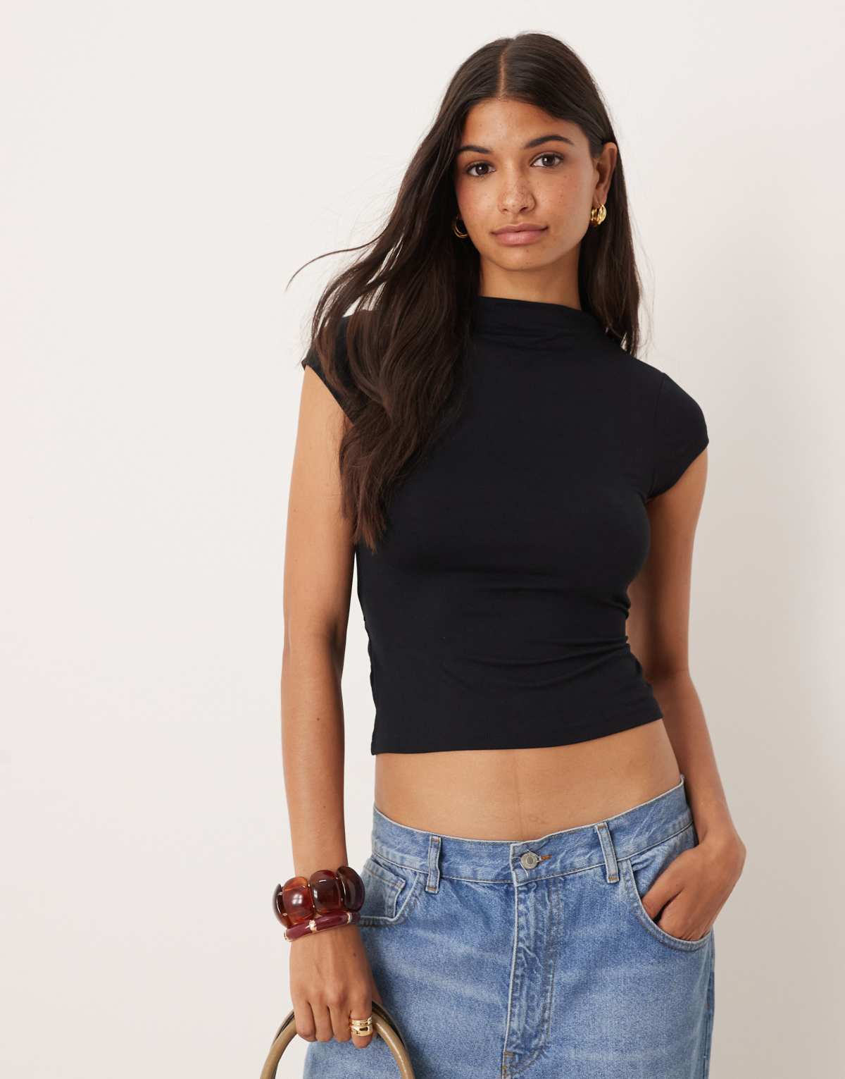 ASOS DESIGN short sleeve top with tie waist detail in black