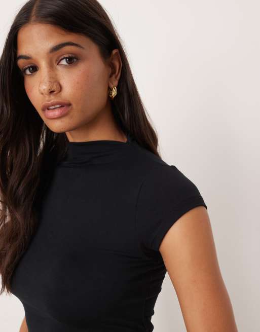 ASOS DESIGN short sleeve top with tie waist detail in black