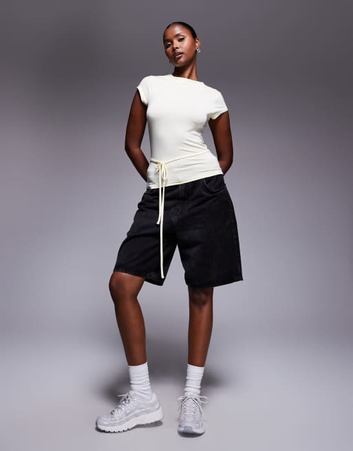 ASOS DESIGN short sleeve top with tie waist detail in buttermilk, 3 of 4