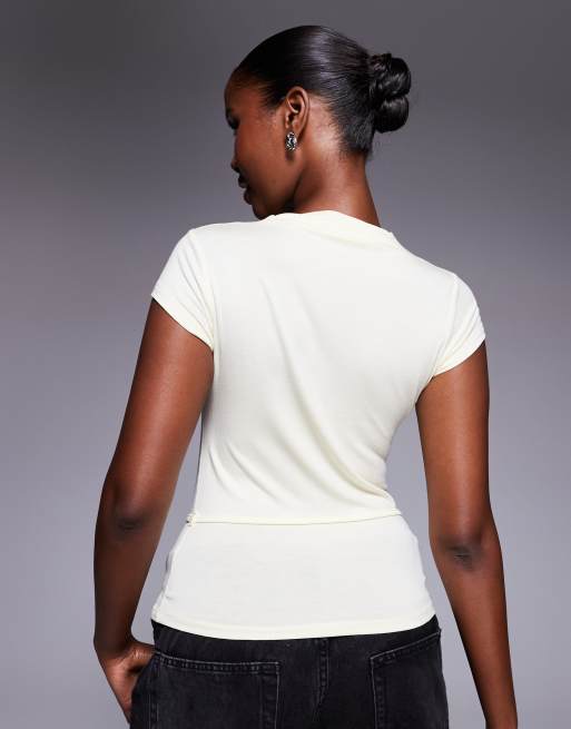 ASOS DESIGN short sleeve top with tie waist detail in buttermilk, 4 of 4