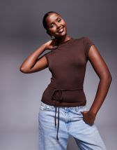 Topshop ruched detail short sleeve top in chocolate brown
