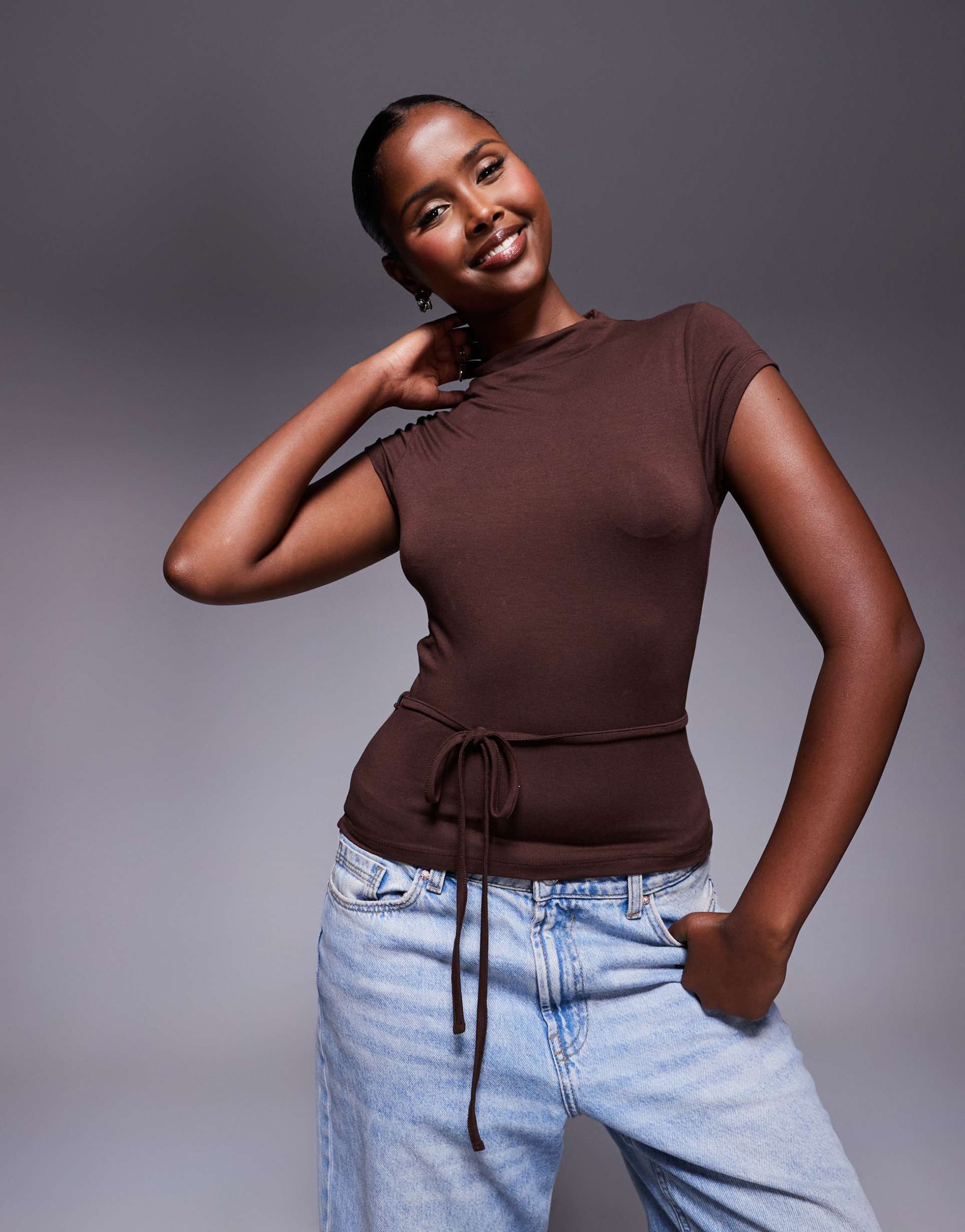 asos design short sleeve top with tie waist detail in dark brown