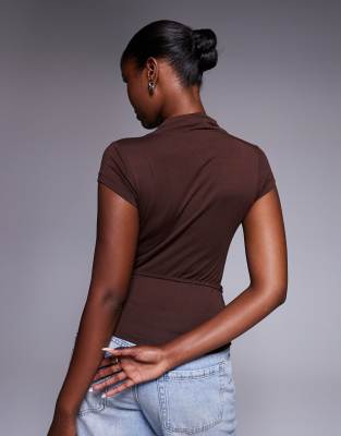 Asos Design Short Sleeve Top With Tie Waist Detail In Brown
