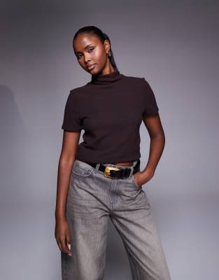 Asos Design Short Sleeve Turtleneck Top In Brown