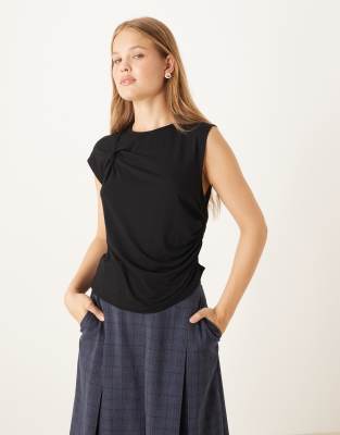 Asos Design Short Sleeve Twist Detail Asymmetric Top In Black