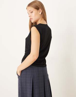 Asos Design Short Sleeve Twist Detail Asymmetric Top In Black