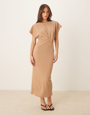 Asos Design Short Sleeve Twist Front Midi Dress Beige-neutral