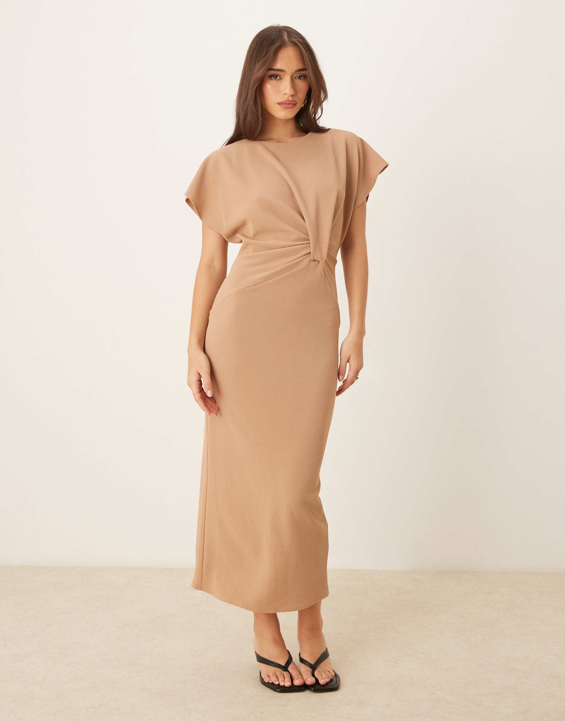 asos design short sleeve twist front midi dress beige
