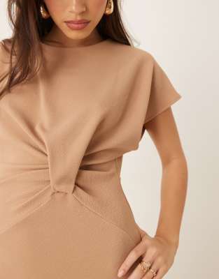 Asos Design Short Sleeve Twist Front Midi Dress Beige-neutral