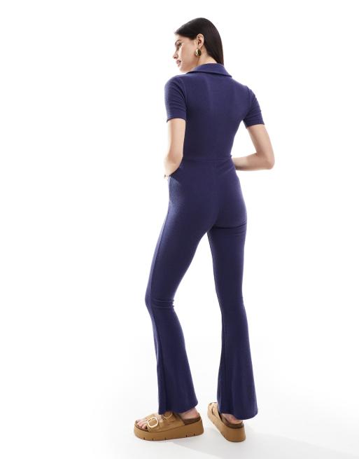 ASOS DESIGN short sleeve utility collared ribbed jumpsuit in denim blue, 4 of 4