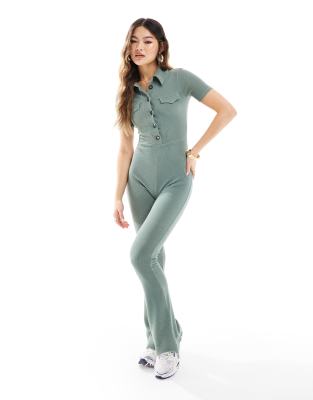 ASOS DESIGN short sleeve utility collared ribbed jumpsuit Sale