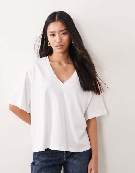 ASOS DESIGN short sleeve v neck boxy top in white - view 1