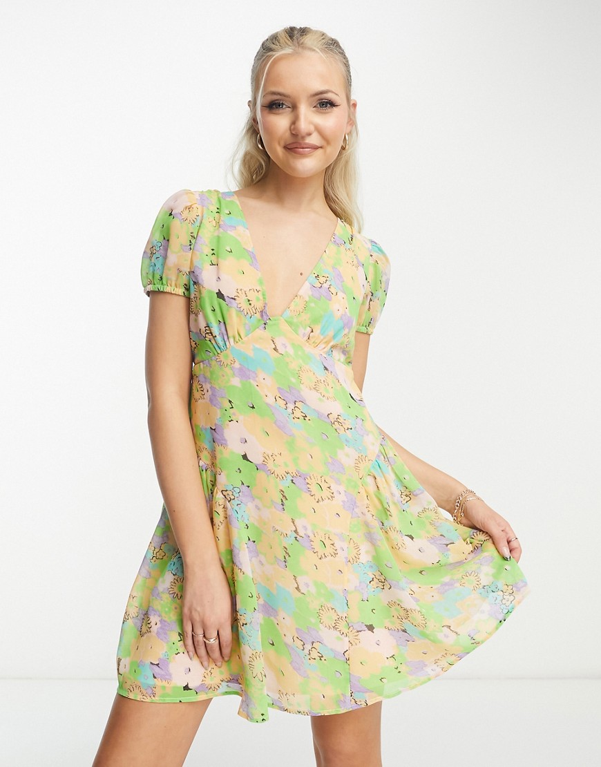 ASOS DESIGN short sleeve v-neck chiffon mini dress in floral print-Multi