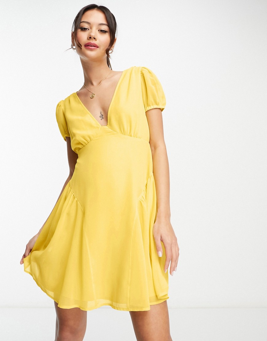 Asos Design Short Sleeve V-neck Chiffon Mini Dress In Yellow