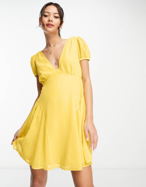 Yellow small floral with lace collar button up high-low maternity dress  with short sleeves - NikaCouture