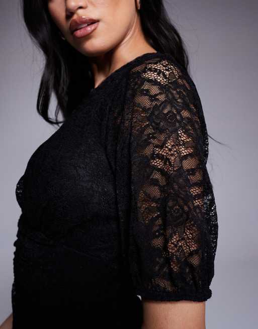 ASOS DESIGN short sleeve V-neck lace midi dress in black