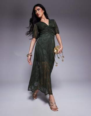 Asos Design Short Sleeve V-neck Lace Midi Dress In Green