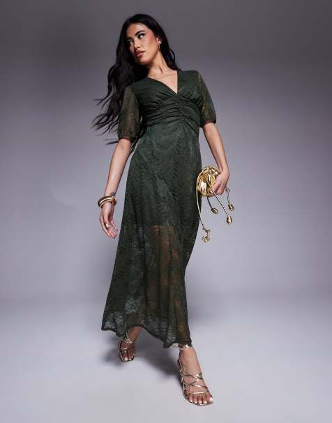 ASOS DESIGN short sleeve V neck lace midi dress in khaki