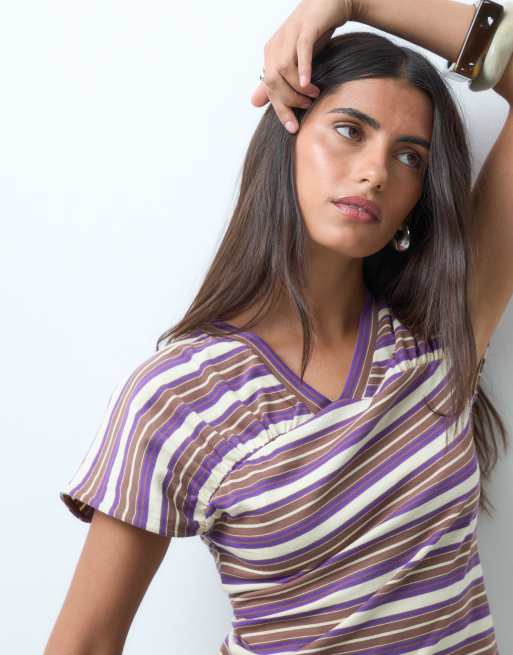 ASOS DESIGN short sleeve v neck top in buttermilk and purple stripe, 3 of 4