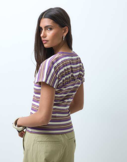ASOS DESIGN short sleeve v neck top in buttermilk and purple stripe, 4 of 4