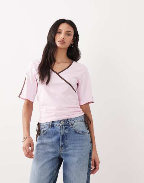ASOS DESIGN short sleeve v neck top with ruching tie details in pink - view 1