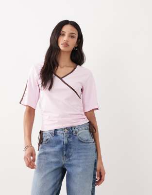 Asos Design Short Sleeve V Neck With Ruching Tie Details Top In Pink