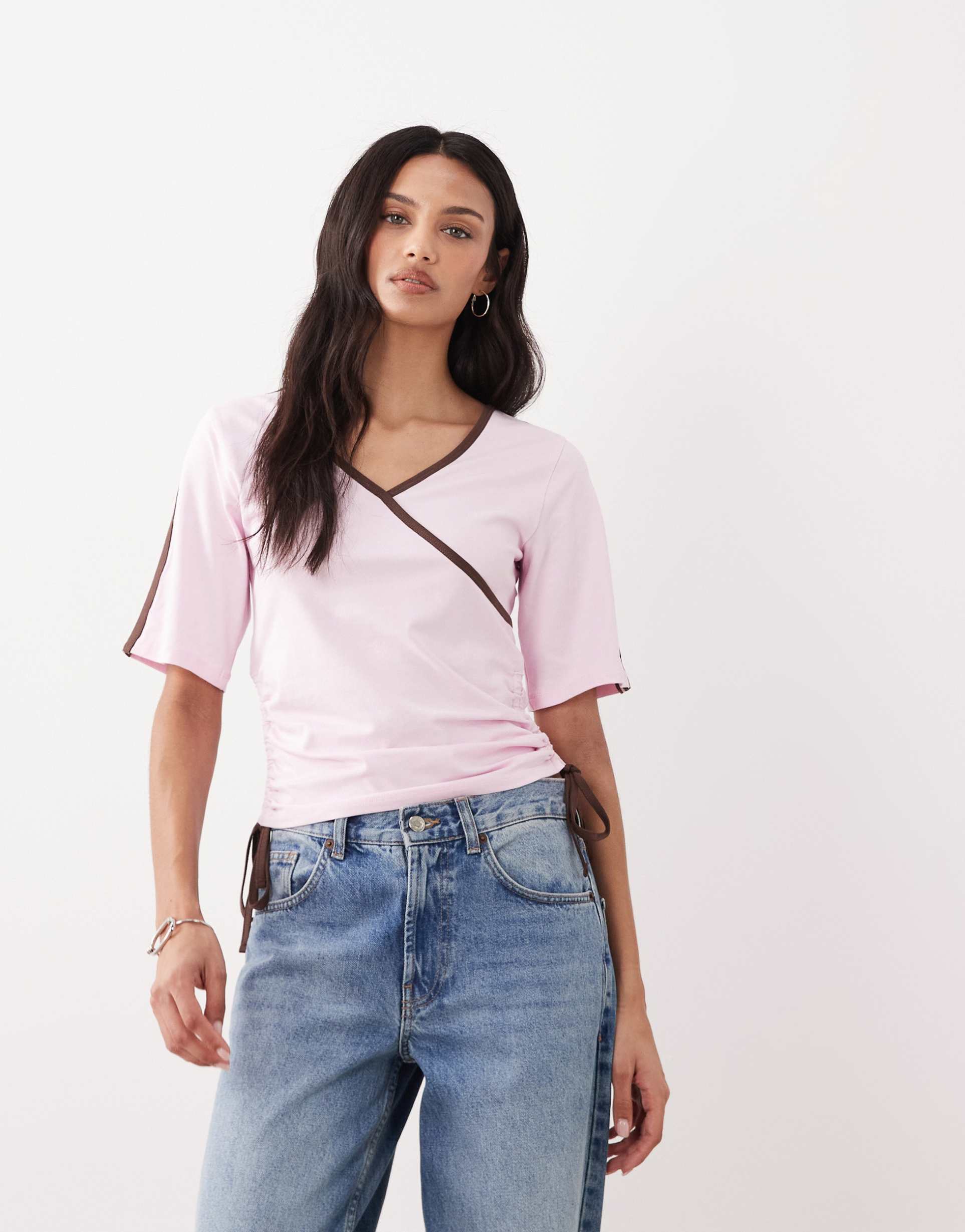 asos design short sleeve v neck with ruching tie details top in pink