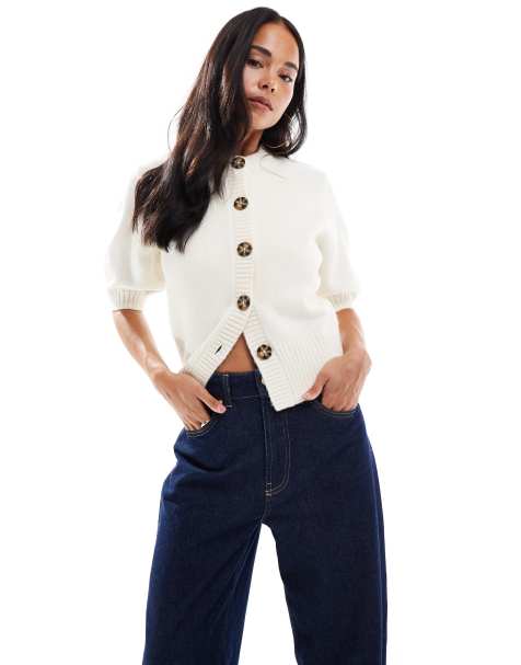 ASOS DESIGN short sleeve waisted crew neck cardigan in cream - view 1