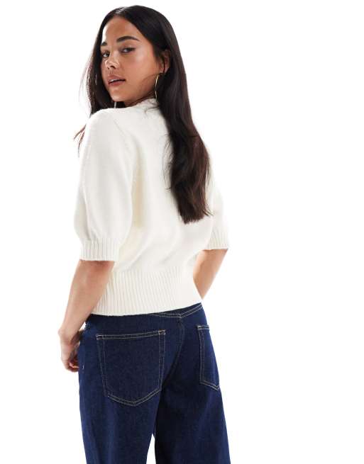 ASOS DESIGN short sleeve waisted crew neck cardigan in cream