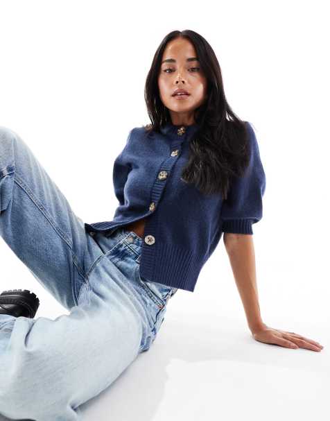 ASOS DESIGN short sleeve waisted crew neck cardigan in navy - view 1