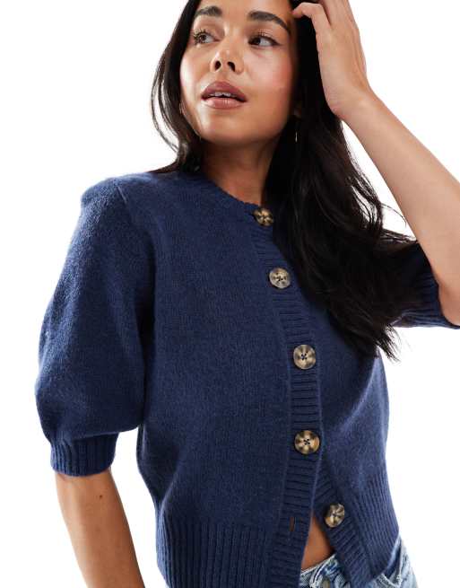ASOS DESIGN short sleeve waisted crew neck cardigan in navy