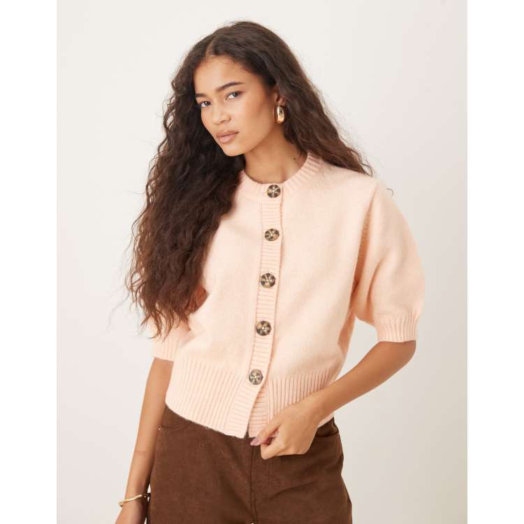 ASOS DESIGN short sleeve waisted crew neck cardigan in peach