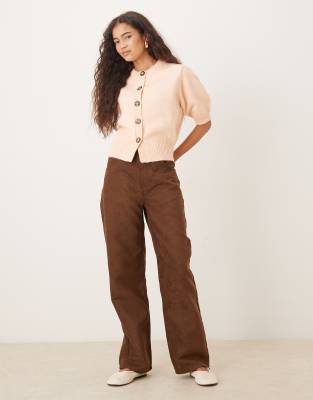 Asos Design Short Sleeve Waisted Crew Neck Cardigan In Gold