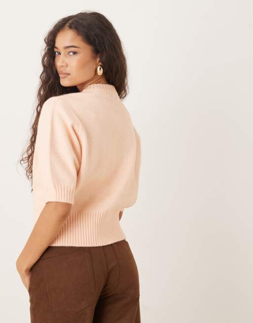 ASOS DESIGN short sleeve waisted crew neck cardigan in peach