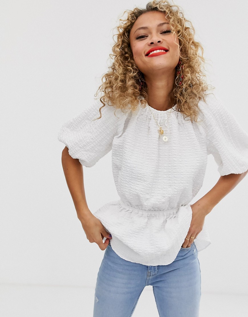ASOS DESIGN short sleeve waisted top in textured fabric-White