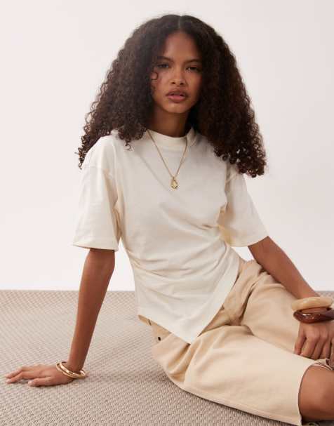 ASOS DESIGN short sleeve with asymmetric hem top in ecru - view 1