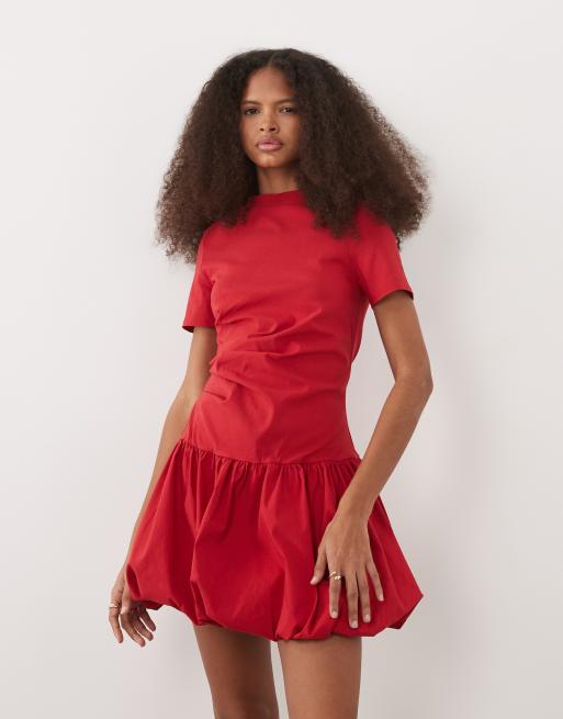 ASOS DESIGN short sleeve with bubble hem mini dress in red, 2 of 4
