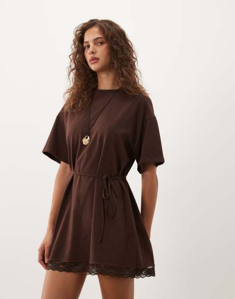ASOS DESIGN short sleeve with cinched waist with lace hem mini dress in brown - view 1