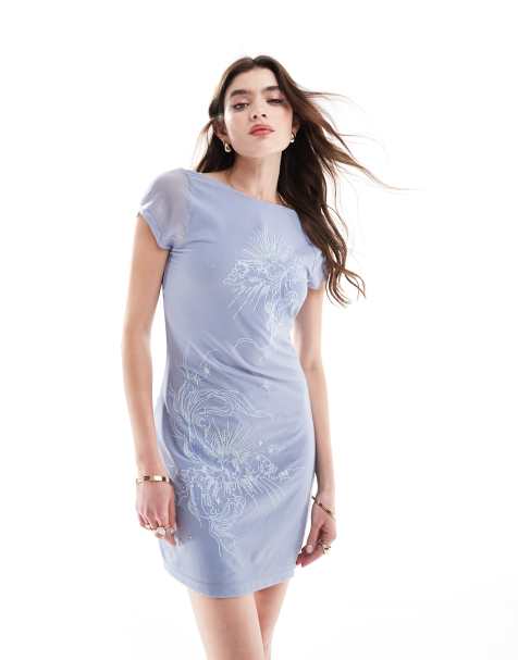 ASOS DESIGN short sleeve with floral embroidery mini dress in blue - view 1