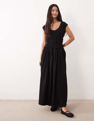 Asos Design Short Sleeve With Gathered Cinched Waist Maxi Dress-black