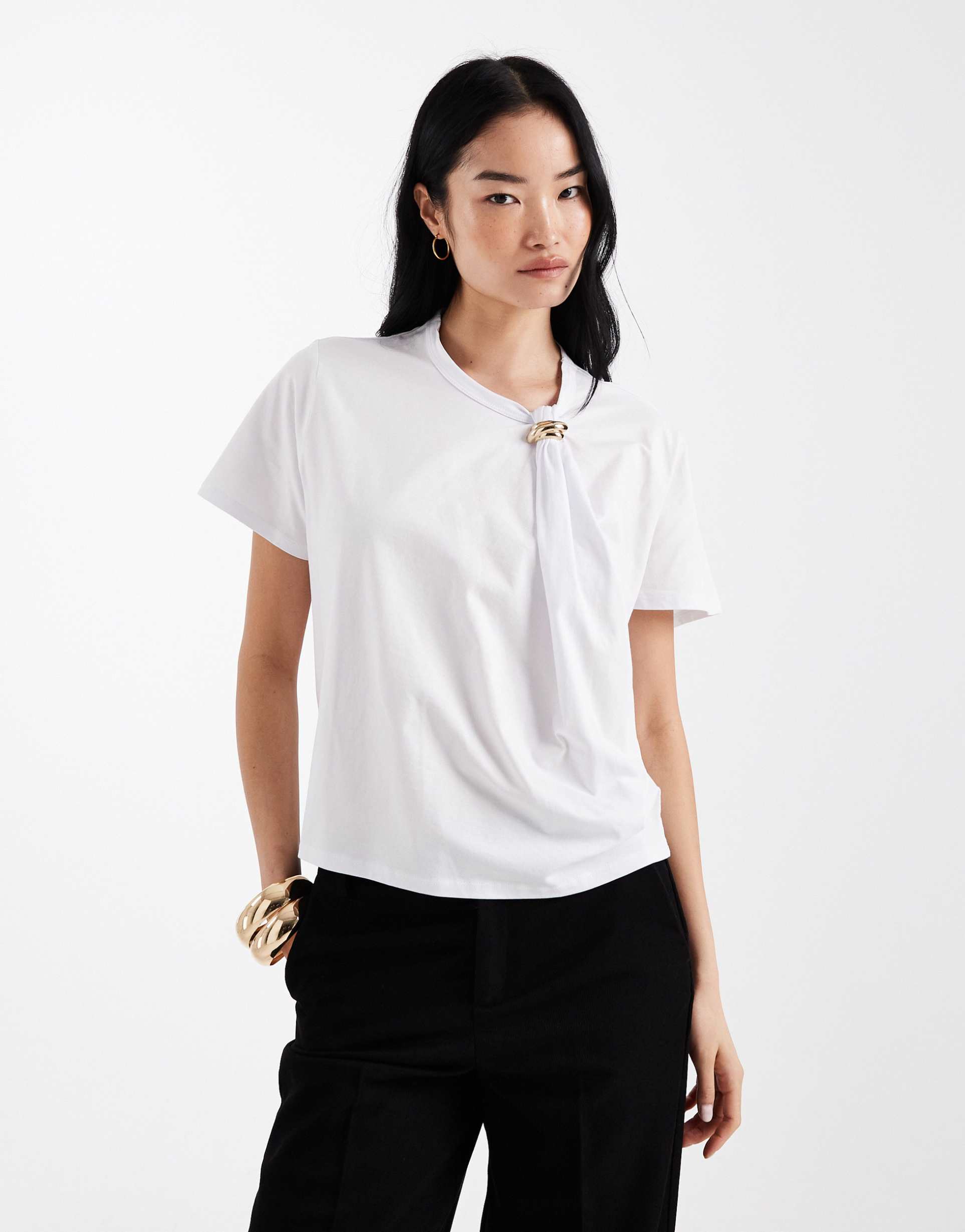 asos design short sleeve with gold trim top in white