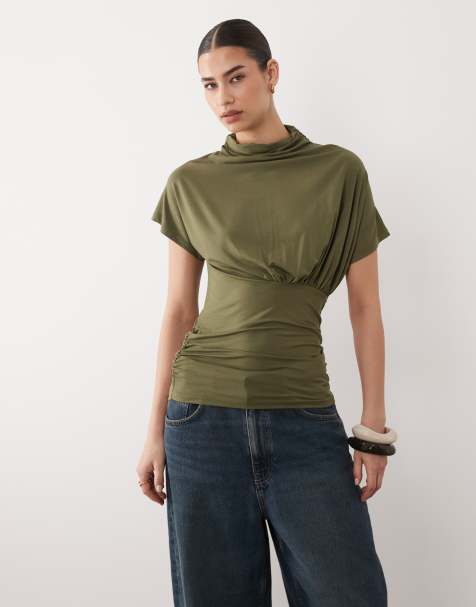 ASOS DESIGN short sleeve with high neck and ruching top in khaki - view 1