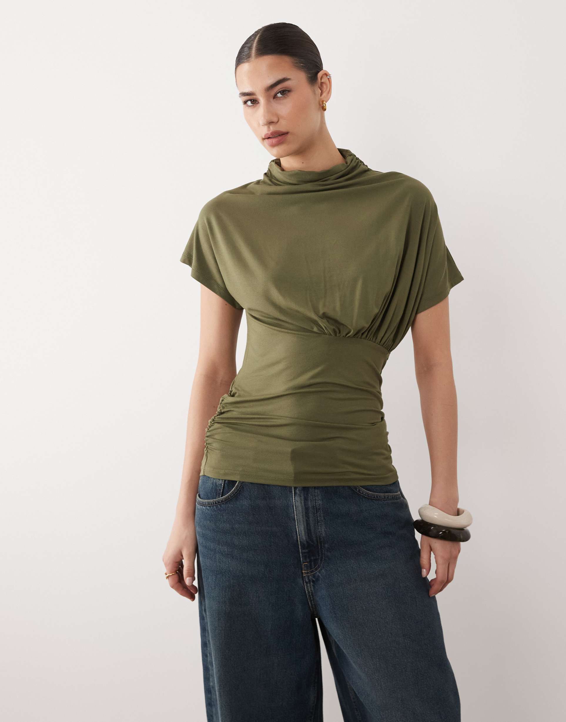 asos design short sleeve with high neck and ruching top in khaki