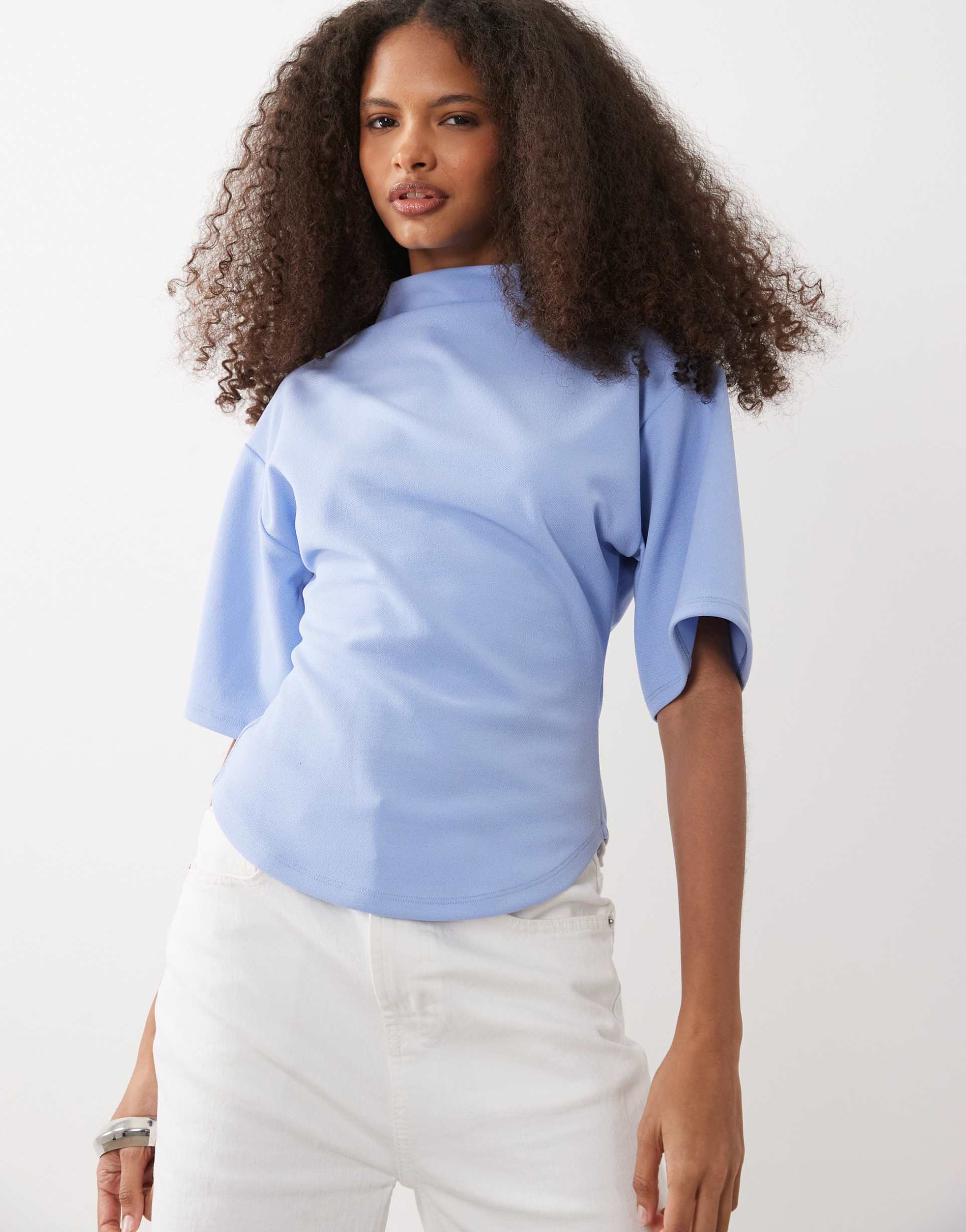 asos design short sleeve with high neck top in blue