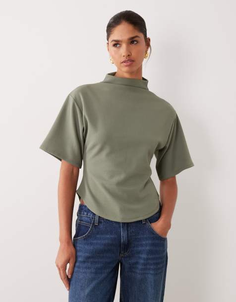 ASOS DESIGN short sleeve with high neck top in khaki - view 1