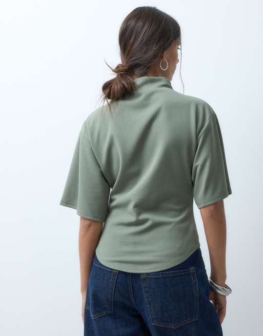 ASOS DESIGN short sleeve with high neck top in khaki, 3 of 4