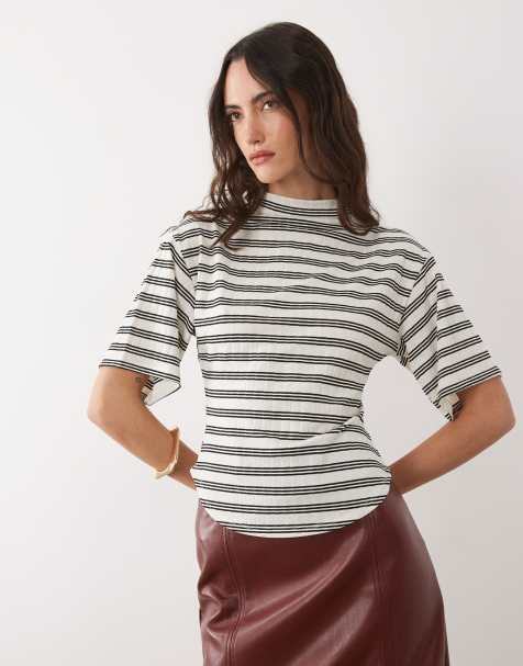 ASOS DESIGN short sleeve with high neck top in wide stripe - view 1