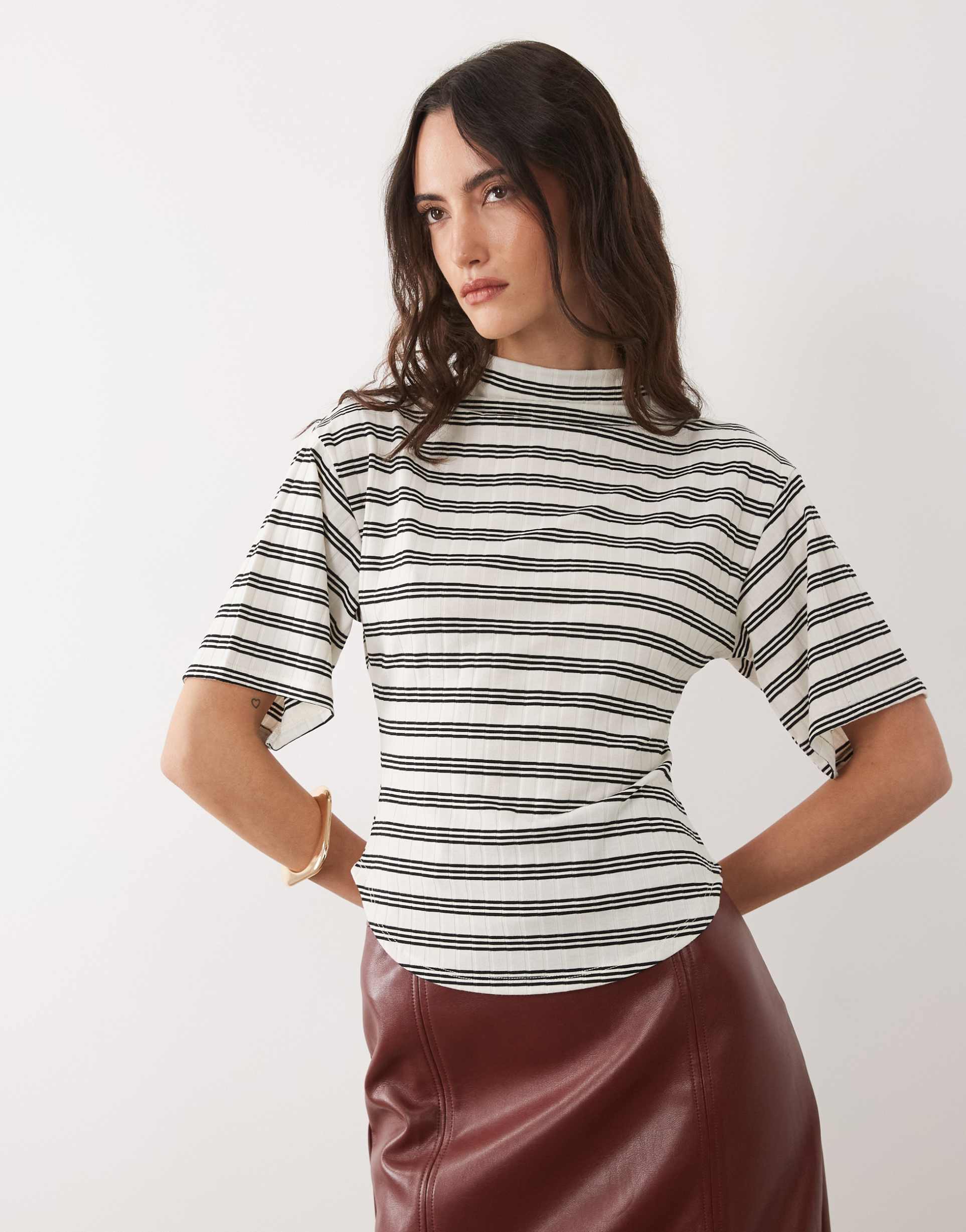 asos design short sleeve with high neck top in wide stripes
