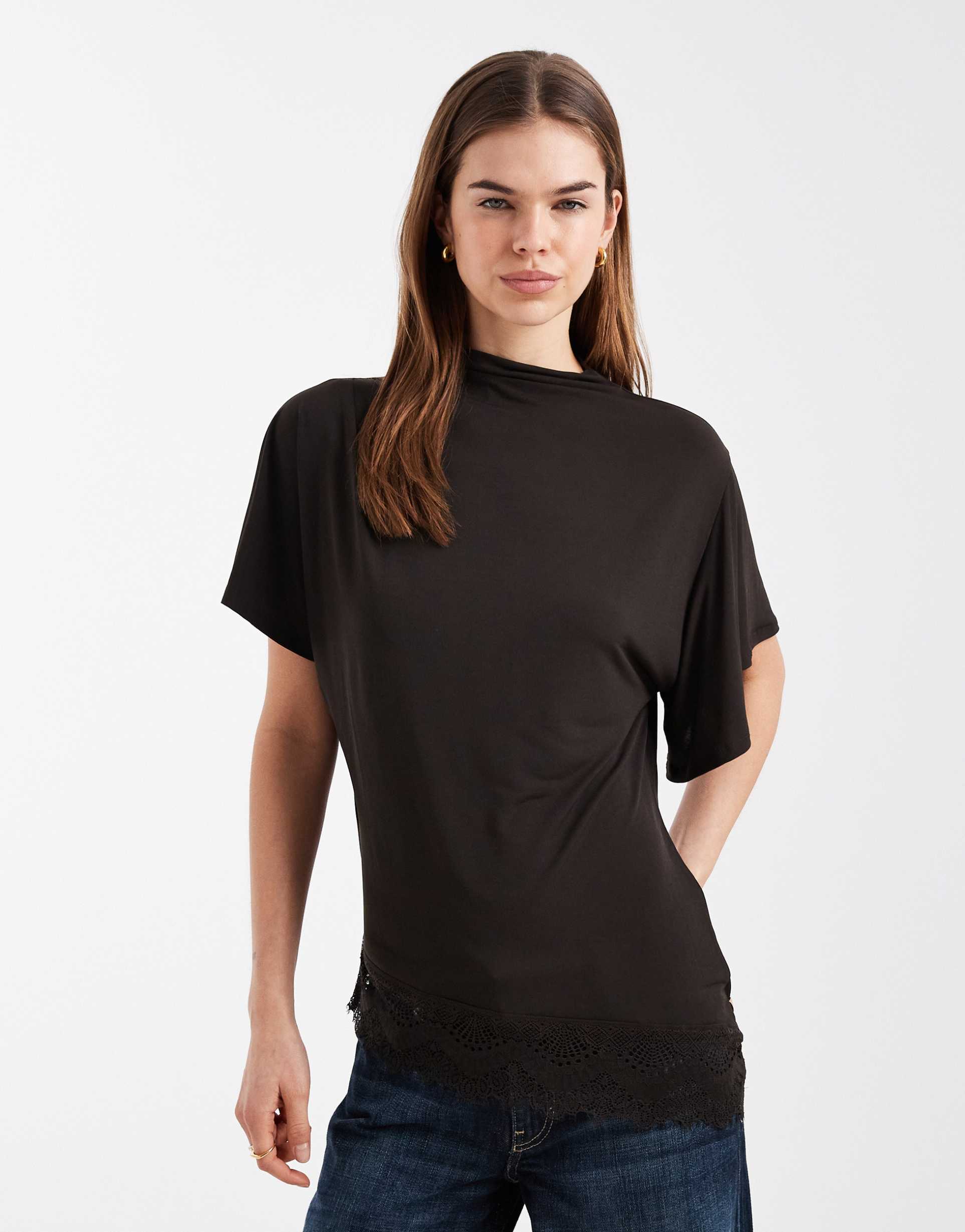 asos design short sleeve with high neck with lace trim top in brown